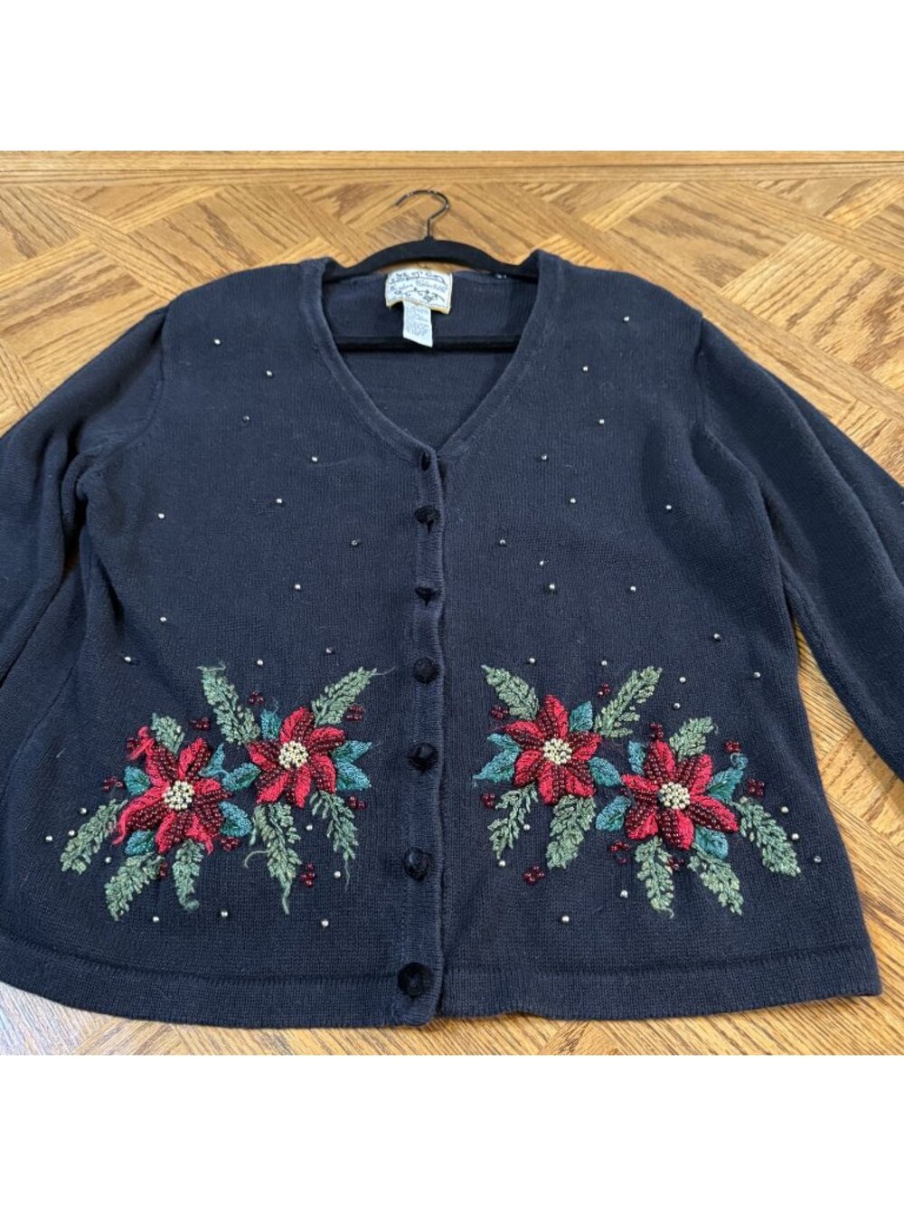 Vintage Heirloom Collectibles Womens Christmas Cardigan Sweater Poinsettia Sz M